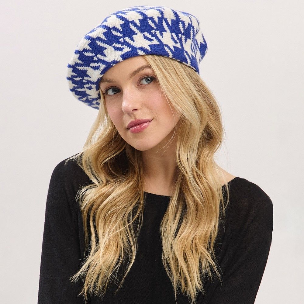 Classic Houndstooth Knit Beret Hat Women’s Winter Warm Stylish One Size